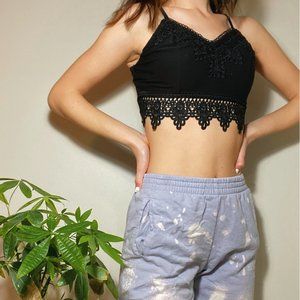 Black, embroidered, cropped tank top.